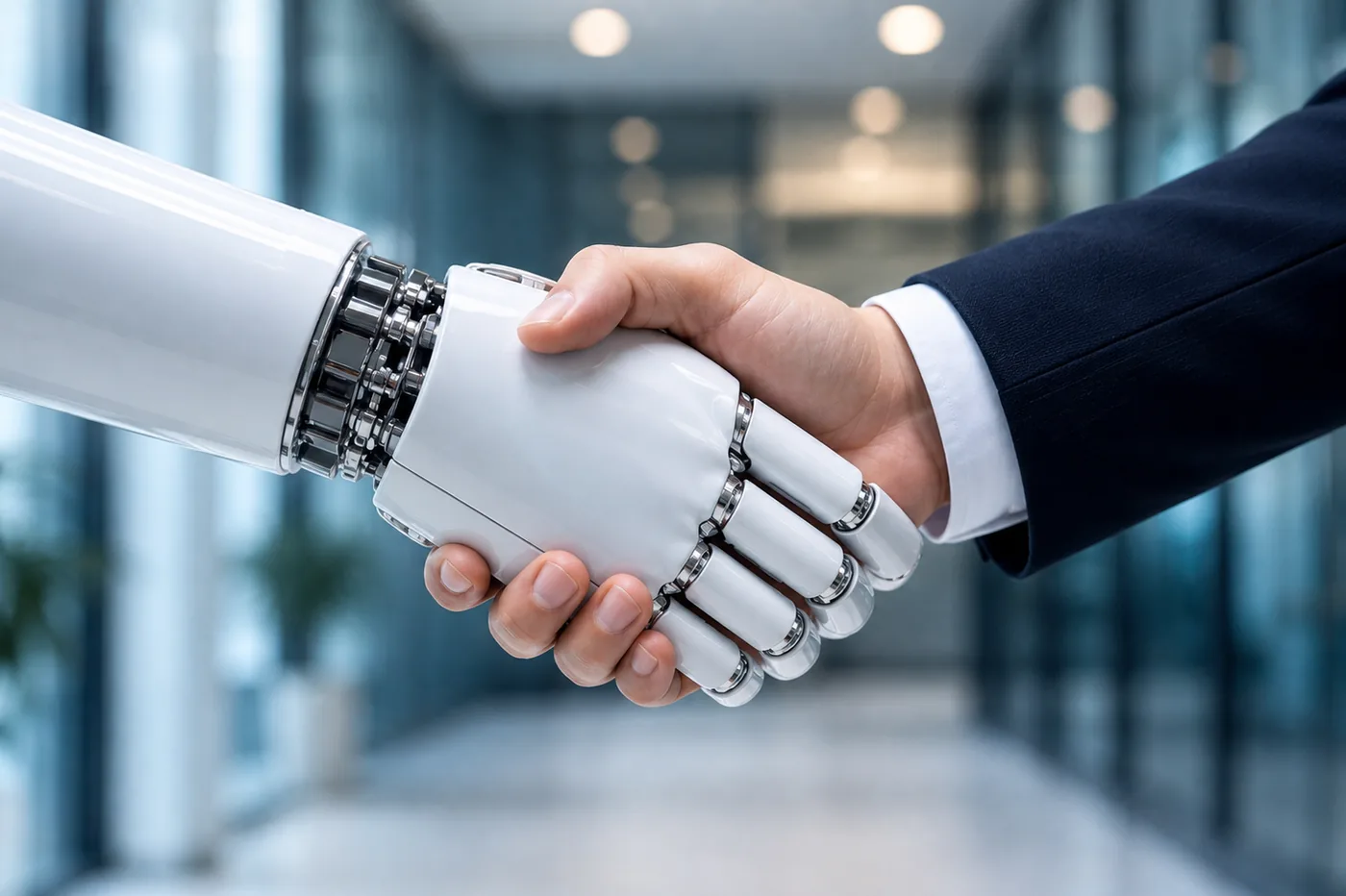 A robotic hand and a human hand shaking