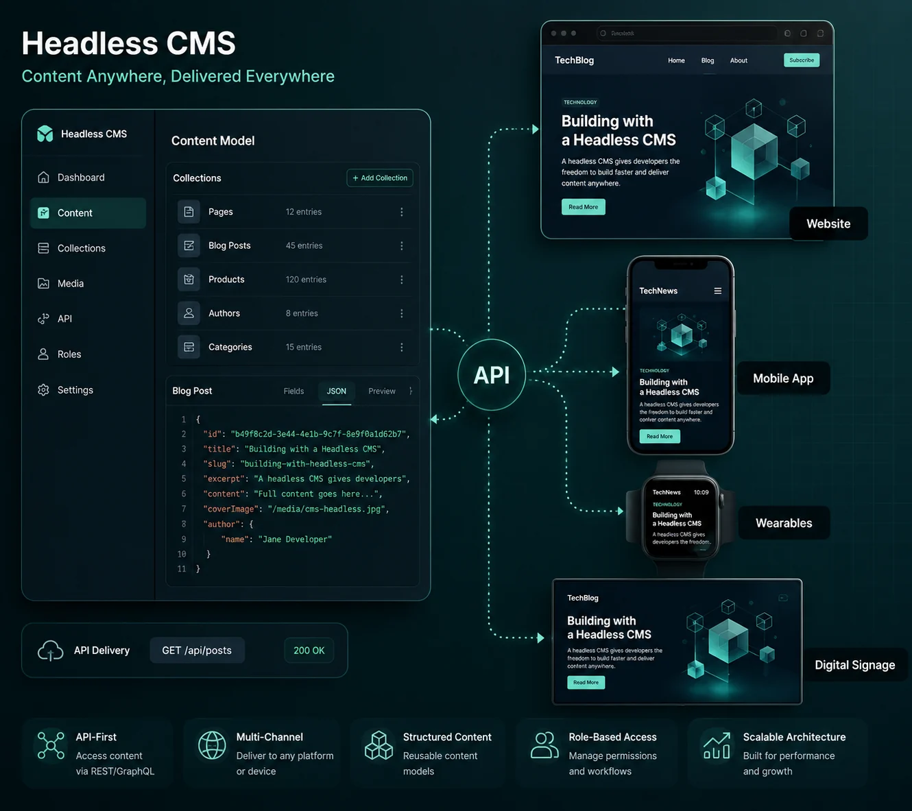 A headless CMS showcase: a content model and JSON editor on the left, with one article delivered over an API to a website, a mobile app, a wearable and digital signage.