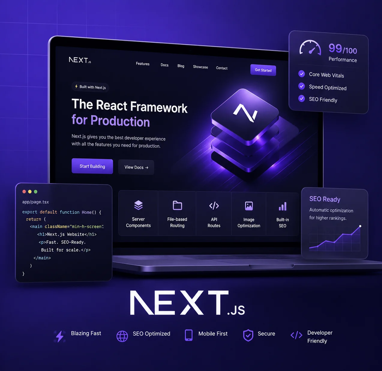 A Next.js build showcase: a laptop displaying a Next.js landing page beside a page.tsx code panel, with callouts for server components, file-based routing, API routes and built-in SEO.