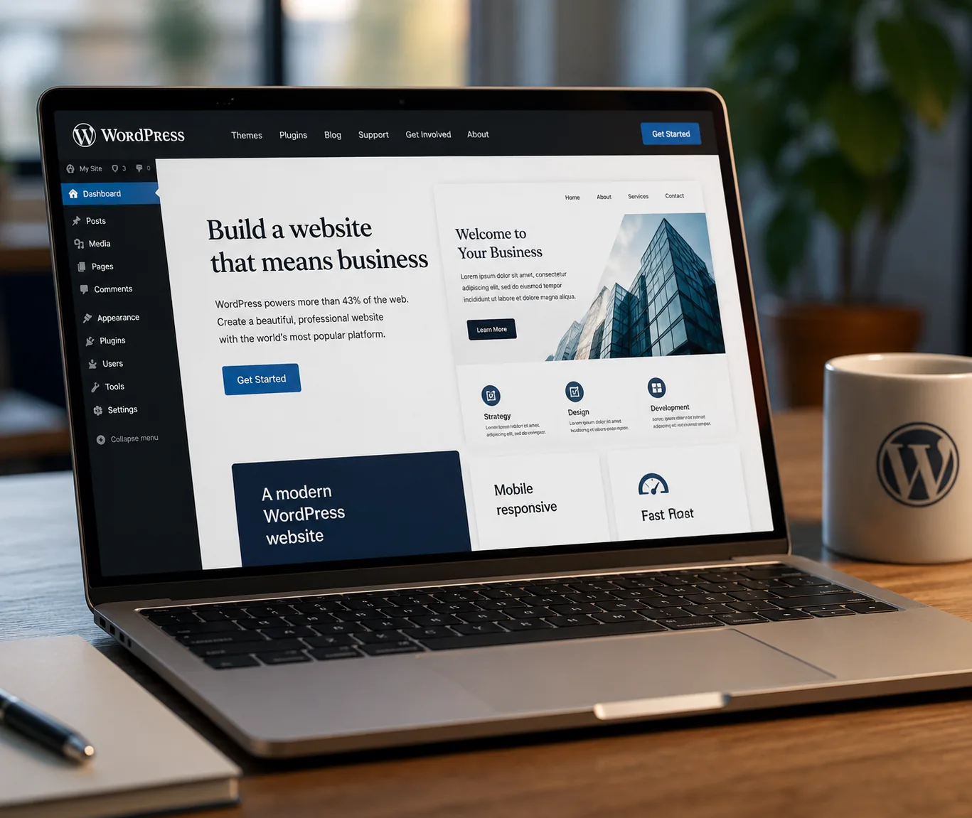 A laptop on a desk showing the WordPress dashboard with a business website being edited